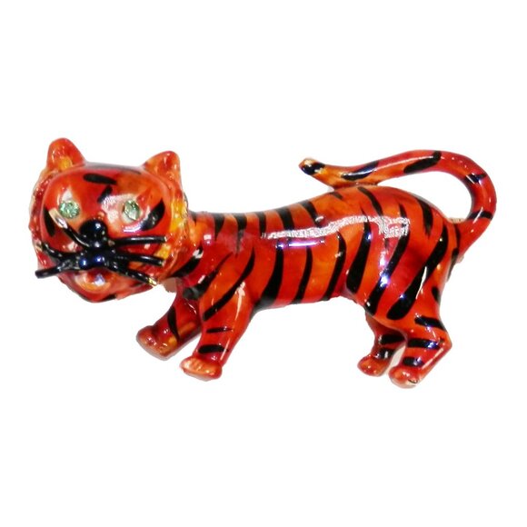 Vtg Original By Robert Enamel Orange Tiger Cat Brooch Green Rhinestone Eyes - Picture 1 of 9